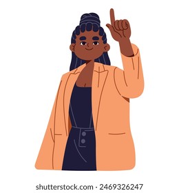 Happy black teenager gesturing, indicates upward with hand. Cute teen girl pointing up with finger. Young person showing direction, way, path. Flat isolated vector illustration on white background