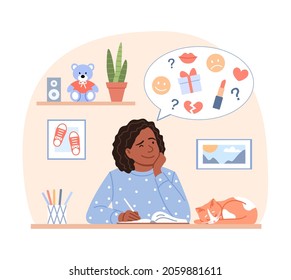 Happy black thinking teenage girl writes diary on home background concept. Young flat sitting afro girl portrait plans in organizer, draws creative pages or journal. Cartoon vector illustration.