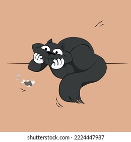 Happy Black and White Cat Looking at a Fish