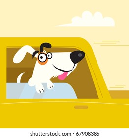 Happy black and white dog travelling in yellow car. VECTOR