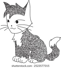 happy black and white kitten with white paws sits and smiles, stock vector