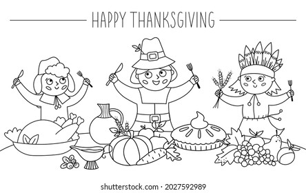 Happy black and white pilgrims and native American Indian give thanks for the food. Thanksgiving Day line characters and traditional holiday meal illustration. Vector outline autumn table scene
