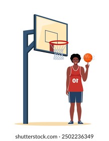 Happy black woman basketball player in uniform with ball on the basketball court. Vector illustration