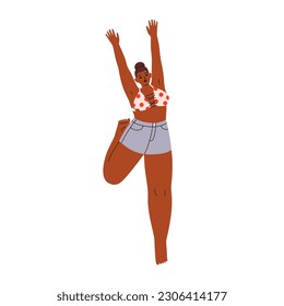 Happy black woman in bikini bra and shorts jumping. Young girl rejoicing summer holiday, beach with joy. African-American female in swimwear. Flat vector illustration isolated on white background