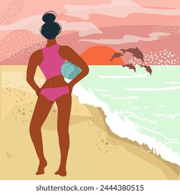 Glückliche schwarze Frau im Bikini, die mit Ball dahinter steht und die Meereslandschaft bewundert. Junge Mädchen genießen Sommerurlaub, glücklich am Strand. Frau im Badeanzug. Flache Vektorillustration isoliert.