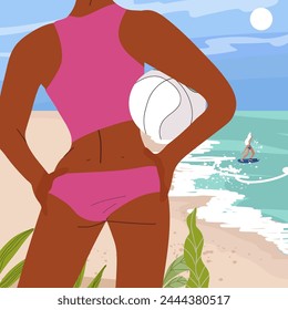 Glückliche schwarze Frau im Bikini, die mit Ball dahinter steht und die Meereslandschaft bewundert. Junge Mädchen genießen Sommerurlaub, glücklich am Strand. Frau im Badeanzug. Flache Vektorillustration isoliert.