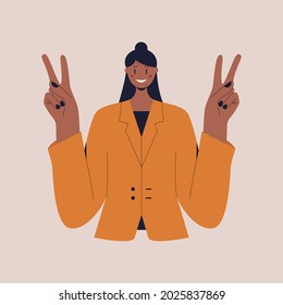 A happy black woman in a business suit shows the peace sign. The victory gesture. V sign. Colorful flat vector illustration on isolated background. Eps 10.
