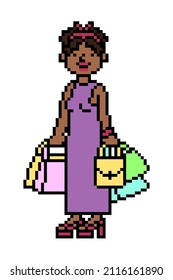 Happy black woman carrying many shopping bags and packages, pixel art character isolated on white background. Sale character. Female store client. Old school 8 bit slot machine, video game graphics. 