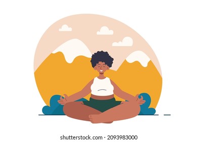 Happy Black Woman With Crossed Legs Meditating Outdoor. Yoga Practice At The Mountains. Mindfulness, Guided Meditation, Zen, Harmony Concept. Modern Flat Vector Illustration