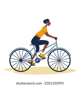 Happy black woman cycling, enjoying bicycle travel. Person riding bike, eco-friendly green transport. Young smiling girl cyclist, side view. Flat vector illustration isolated on white background.