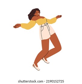 Happy black woman dancing, shaking breasts to music. Young smiling laughing girl dancer, moving with joy, fun. Joyful African-American female. Flat vector illustration isolated on white background