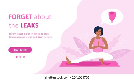 Happy black woman doing yoga during menstruation. Menstrual cup landing page poster template. Forget about the leaks. Vector illustration in cute flat cartoon style