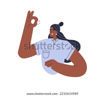 Happy black woman gesturing OK with hand. Smiling excited young girl with yes, okay, approval, good, alright sign. Satisfied person. Flat graphic vector illustration isolated on white background