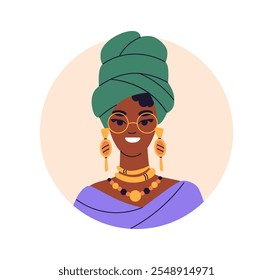 Happy black woman in headwrap, earring, glasses and jewelry. African female character smiling, wearing headwear, circle avatar, user profile. Flat vector illustration isolated on white background