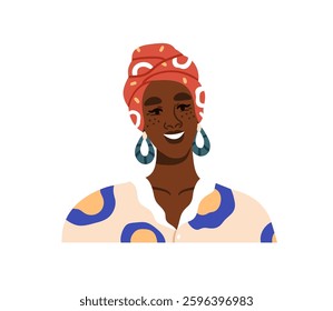 Happy black woman in headwrap, turban. Smiling African American girl in traditional headwear, modern style earrings. Stylish female character. Flat vector illustration isolated on white background