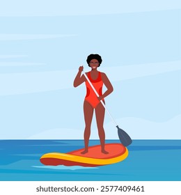 Happy black woman holds a paddle in his hands and stands on a sup board. Summer active rest on the sea or river. Sup boarding.