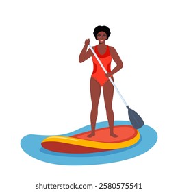 Happy black woman holds a paddle in his hands and stands on a sup board. Summer active rest on the sea or river. Sup boarding.