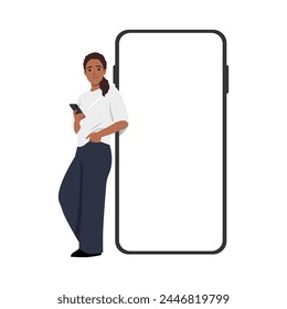 Happy black Woman Leaning On Big Giant Smartphone With Empty White Display, Casual Female Holding Using Cell Phone, Browsing Website Advertising App. Flat vector illustration isolated 