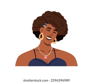 Happy black woman portrait. Young African American female smiling, laughing. Girl with accessories, earrings and necklace, afro hairstyle. Flat vector illustration isolated on white background