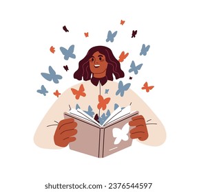 Happy black woman reading fiction book. Vivid imagination, fantasy concept. Girl reader with butterflies flying from fancy literature. Flat graphic vector illustration isolated on white background