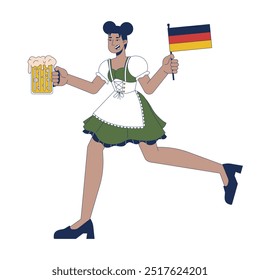 Happy black woman running with bear and flag of germany cartoon flat illustration. Octoberfest waitress at work 2D character isolated on white background. Holiday scene vector color image