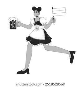 Happy black woman running with bear and flag of germany cartoon black and white line illustration. Octoberfest waitress at work 2D linear character isolated. Holiday monochrome vector outline image