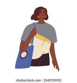 Happy black woman with shoulder bag. Modern young African-American female in summer casual clothes, t-shirt. Cheerful person outdoors. Flat vector illustration isolated on white background