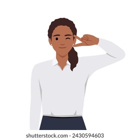 Happy black woman shows hand gesture, victory sign. Portrait of beautiful young woman. Flat vector illustration isolated on white background