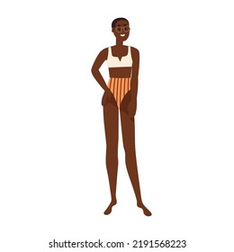 Happy Black Woman Standing In Summer Swimwear, Beach Bathing Suit. Young Girl In Bikini, Swim Wear And Eyeglasses. Female In Beachwear. Flat Graphic Vector Illustration Isolated On White Background