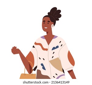 Happy Black Woman Walking Outdoors. Modern Mature Female Going In Fashion Casual Clothes With Bag In Hands. African-American Person Strolling. Flat Vector Illustration Isolated On White Background