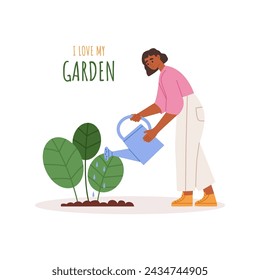 Happy black woman watering plants from watering can. Character growing green leaf plants in home garden. Botany hobby. Flat vector illustration isolated on white background