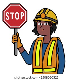 Happy black woman wearing helmet and holding a stop sign