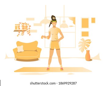 Happy Black Woman Working Out with Dumbbell. Young fit women doing sport activities. Healthy Lifestyle Indoor Sports Flat Vector Illustration. Person working out at home.