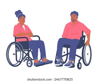 Happy Black Women and Man on wheelchair flat illustration in isolated white background