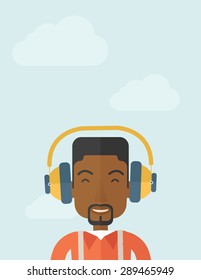 A Happy black young guy listening to music with headphones. Happy concept. A Contemporary style with pastel palette, soft blue tinted background with desaturated clouds. Vector flat design