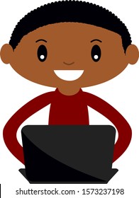 Happy Black Youth Man Sitting At Computer Laptop Smiling Doing Office Work. 