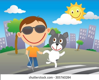 Happy blind child with cane and sunglasses cross the road at a zebra crossing with his guide dog in a sunny day in the city.