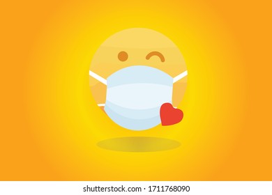 Happy blinking emoji with surgical health mask for virus and illness concept.