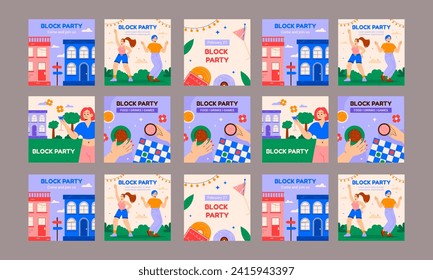 happy block party 2024 social media post template vector flat design