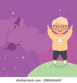 niño rubio feliz en el paisaje