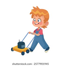 Happy blond boy mowing lawn with a toy mower