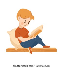 Happy blond boy reading book cartoon illustration. Smart boy lying on pillow, sitting, studying at home. Education, leisure, hobby, library concept