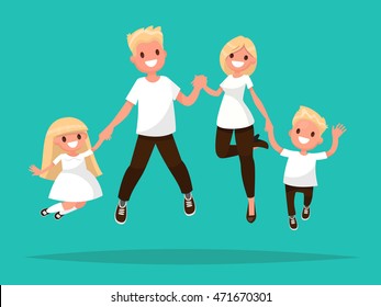 Happy blond  family is jumping. Vector illustration of a flat design