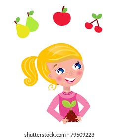 Happy blond gardener girl in pink costume. Vector Illustration.