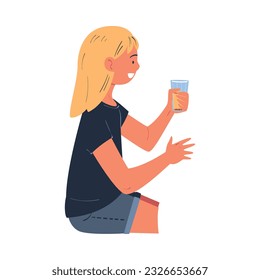 Happy Blond Girl with Glass of Lemonade Sitting at Festive Dinner Vector Illustration