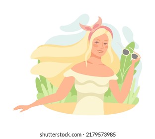 Happy Blond Girl in Light Summer Dress with Sunglasses and Green Foliage Behind Vector Illustration