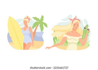 Happy Blond Girl in Light Summer Dress and Swimsuit with Sunglasses and Surfboard Vector Set