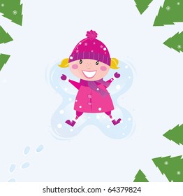 Happy blond girl making angel in snow. Trees are around little child. Vector Illustration.