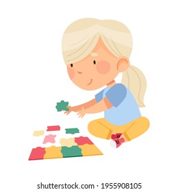 Happy Blond Girl with Ponytail Playing Jigsaw Puzzle on the Floor Vector Illustration