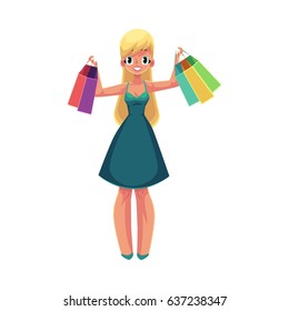 Happy blond girl, woman in summer dress holding shopping bags, sale concept, cartoon vector illustration isolated on white background.